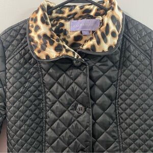 Laura Scott Black Quilted Puffer with Leopard Collar